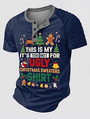  Férfi Karácsony vicces karácsony Henley ing Raglan póló Rövid ujjú Divat Dizájn Grafikus Szabadtéri Vakáció Hétköznapi Nyár Tél Sötétbarna Kék Zöld Henley nyakörv Henley Henley póló
