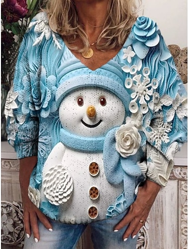  Dames Trui Casual Zacht Sneeuwpop Sneeuwvlokken Geribd V-hals Gebreid Lange mouw Normale tops breien Kerstmis Buiten Dagelijks Zwart Marine Blauw Herfst Winter
