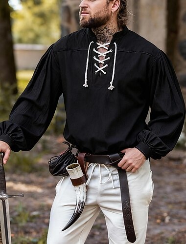  Middeleeuws Renaissance 17e eeuw Gemiddelde Lengte Blouse / overhemd Cosplay kostuum Keltische ridder Elf Trekkoord Effen Kleur Kostuum Voor heren Piraat Fantasie Halloween Maskerade Casual