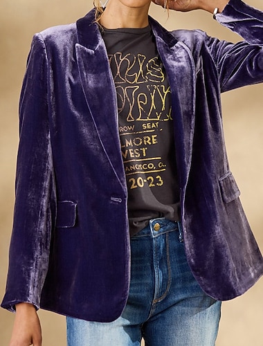 نسائي سترة بليزرات مخملية مريح جيب Buttons موضة سهل مناسب للحفلات حفل / مساء مناسبة / حفلة عادية طوي عادي كم طويل ملابس خارجية بنفسجي غامق أسود نبيذ الربيع الخريف