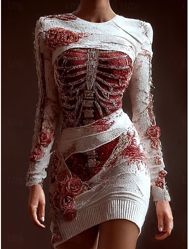  Damen Mini-Kleid T-Shirt Kleid Tee Kleid Bodycon Kleid Urlaub Freizeit Party Schlanke Passform Grafik Schädel Langarm Rundhalsausschnitt Weiß Frühling Herbst Winter