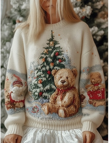  Dames Trui Stoppen leuke Style Dagelijks Casual Grafisch dier Kerstboom Geribd Strakke ronde hals Gebreid Afdrukken Lange mouw Normale tops breien Kerstmis Buiten Weekend Khaki Herfst Winter