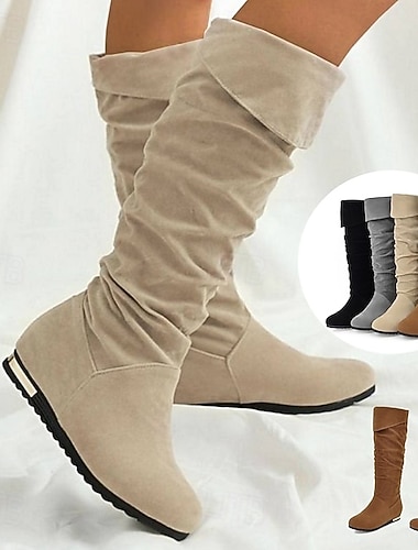 cizme de damă slăbite până la genunchi, cizme casual de piele întoarsă artificială în mai multe culori pentru ținute de toamnă și iarnă   cizme de damă slăbite până la genunchi, cizme casual de piele întoarsă artificială în mai multe culori pentru ținute de toamnă și iarnă