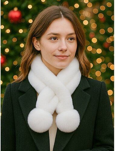  Juleskjerf i fuskekaninpels med pomponer til dame, mykt og koselig vintertilbehør til høytidsfester og gaver