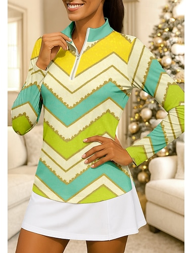  Dame Geometrisk قميص Sportsskjorte POLO T-skjorte Tennisskjorte Langermet Glidelås Blomster UPF50+ UV-bestandig Høy Elastisitet Fukttransport Pustende Volleyball Tennis Golf Høy krage Glidelåskrage