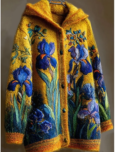  Per donna Cardigan Quotidiano Casual Floreale Grafico A Coste Con Cappuccio Patchwork Tasca Floreale Manica Lunga Top lunghi Maglia All'aperto Weekend Giallo Autunno Inverno