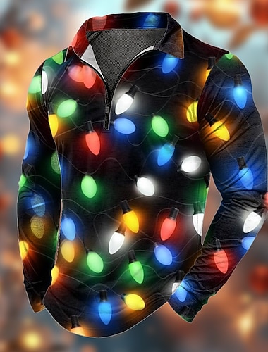  Weihnachten Herren Laternen Poloshirts mit Reißverschluss Langarm Polo-Shirts Revers Lässig Outdoor Festival-Outfit 3D-Druck Frühling Herbst Winter Regenbogen Multi Color