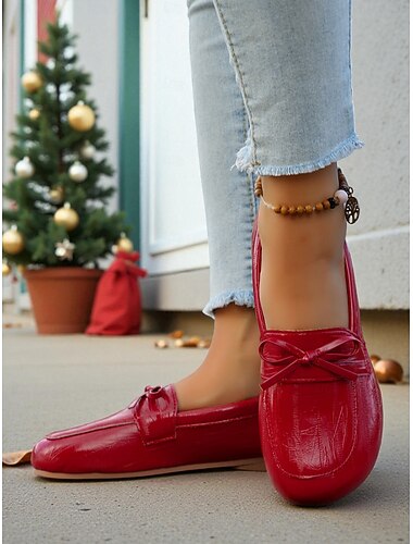  Damskie Loaferki Wygodne Buty Szerokie Buty Komfortowe Buty Świąteczne Dziennych Dnia Matki Kokardka Niski Obcas Okrągły Nosek Klasyczne Luźne Komfortowe Sztuczna Skórzana Czarna Czerwona Beżowa