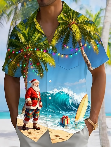  Noël Homme Père Noël Eclairage de Noël Chemise Chemise Boutonnée Manche Courte Drôle Fête Été Printemps Col Rabattu Impression 3D chemises à col Une poche avant Bleu