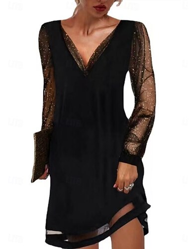  בגדי ריקוד נשים שמלת מיני שמלה עם כיווץ במותן יום יומי יומי רגיל אחיד שרוול ארוך צווארון V שחור אביב סתיו