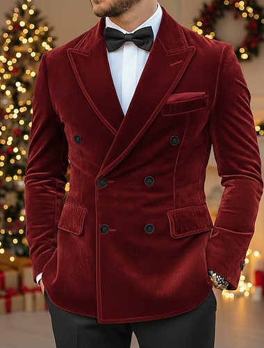 Blazer masculino de veludo com fecho de colarinho, festa de natal, casual, cor sólida, vermelho, azul, roxo, ajuste sob medida, trespassado, seis botões   Blazer masculino de veludo com fecho de colarinho, festa de natal, casual, cor sólida, vermelho, azul, roxo, ajuste sob medida, trespassado, seis botões