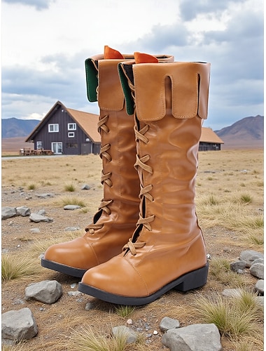  Damen braune Kunstleder Mittelalter Wikinger kniehohe Schnürstiefel, Retro Renaissance Kostümschuhe für Larp, Cosplay, Festivals &Bühnenauftritte