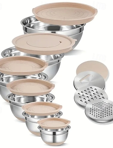  sekoituskulhosetti metallinen leivonta-allas salaattikulhot liukumattomalla pohjalla 6 kpl khakinvärisiä ruostumattomasta teräksestä valmistettuja sisäkkäisiä kulhoja