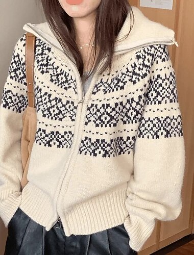  Жен. Вязаная ткань Кардиган Винтаж Уличный стиль На каждый день Графика Рубашечный воротник Молния Трикотаж С принтом Длинный рукав Обычные топы Вязать Повседневные Праздники На выход Красный Бежевый