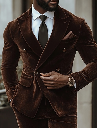  メンズカジュアルビジネスベルベットスーツノッチラペルブラックブラウンフォーマル無地テーラードフィット2ピースダブルブレスト4つボタン