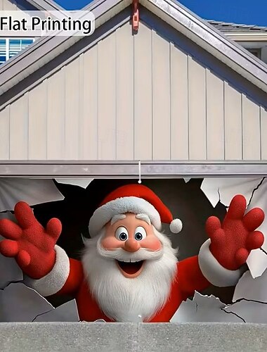  jul garasjeportdeksel julenissen bryter gjennom vegg stor hengende bakgrunn utendørs ferie veggbanner hage hjem festlig 3D festdekorasjon sesongmessig julescene