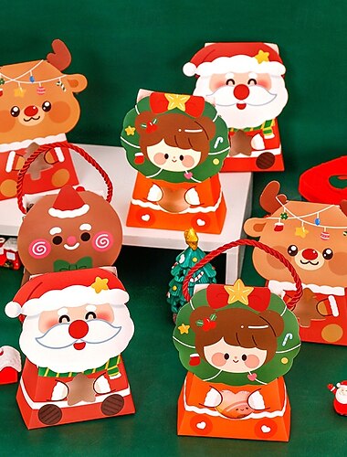 24 Stück Weihnachtsgeschenktüten für Kinder, Weihnachtsgeschenktüten mit Griffen, Bonbonschachteln aus Papier mit Fenster, Weihnachtsgeschenkboxen mit Aufklebern für den Wintergeburtstag von Kindern