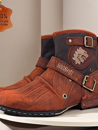  Bottines de moto en cuir véritable marron pour hommes avec sangles à boucle et design rétro, bottes de motard durables pour la conduite, les aventures en plein air et les vêtements décontractés