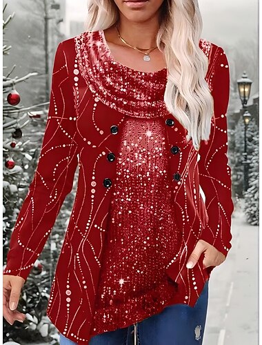  Tops de Veludo para Mulheres Natal Elegantes com Lantejoulas Cor Sólida Festa Estilosa Manga Longa Gola Redonda Gola Alta Tops Longos Trabalho Festa Vestuário Festa com Lantejoulas Preto Vermelho