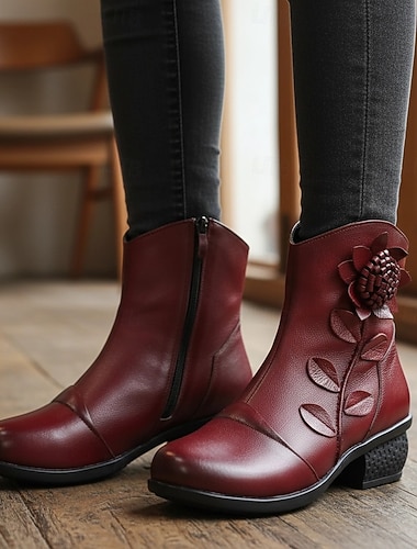 botins femininos de couro vermelho com apliques florais – botas curtas vintage de salto médio para looks casuais e elegantes   botins femininos de couro vermelho com apliques florais – botas curtas vintage de salto médio para looks casuais e elegantes