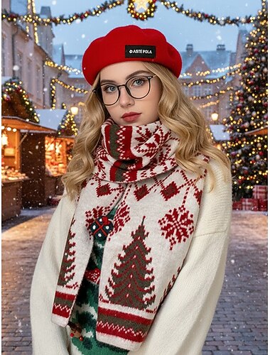  Juleskjerf til dame – mykt strikket med festlig reinsdyr- og snøfnuggdesign, perfekt for vinter og høytider