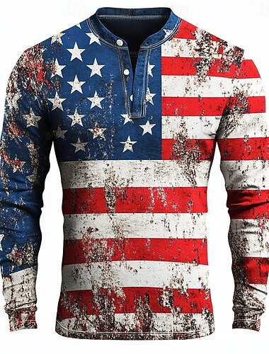  رجالي علم الأمريكية / الولايات المتحدة الأمريكية قميص هينلي تي الأعلى كم طويل يوميا عتيق / معتق كاجوال فضفاض مناسب للعطلات مناسب للخارج ربيع & الصيف كل الفصول 1# هينلي تي شيرت هنلي