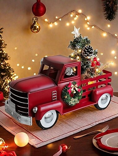 Juldekoration i bondgårdsröd lastbil, LED-ljusslinga i vintageröd metallbilmodell med minijulgransprydnader, för juldekorationer och bordsdekorationer   Juldekoration i bondgårdsröd lastbil, LED-ljusslinga i vintageröd metallbilmodell med minijulgransprydnader, för juldekorationer och bordsdekorationer