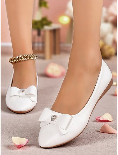  ballerine da donna in similpelle bianca con fiocco &accento di strass - eleganti scarpe da sposa slip-on con punta tonda per spose e damigelle &eventi formali