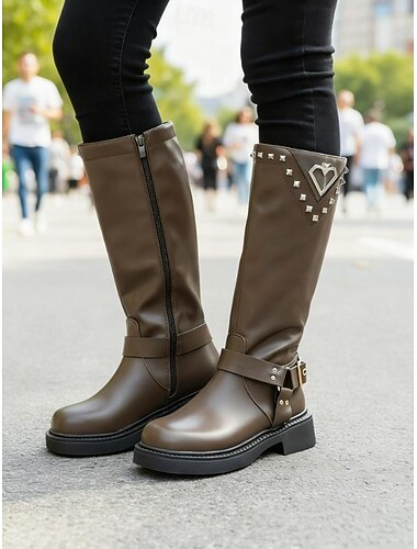  Γυναικείες μαύρες γοτθικές μπότες μέχρι το γόνατο - μπότες ποδηλασίας με τρουκς από τεχνητό δέρμα και έμβλημα καρδιάς για το Halloween, φεστιβάλ και streetwear στυλ