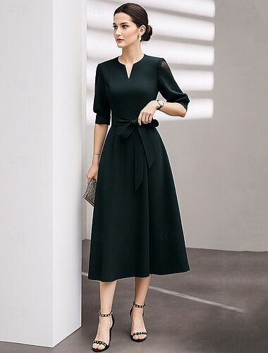  A-linje Te-lengde Festkjole Cocktail Kjole Halvlange ermer V-hals Elegant Årgang Fest Polyester Kjole til brudens mor med Plissert