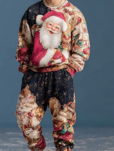  Noël Homme Père Noël 2 pièces Ensembles de sweat-shirts 3D Survêtement Sweatshirt Pull manche longue Pantalon long Col ras du cou Décontracté Quotidien Occasionnel Occasionnel Fête Impression 3D