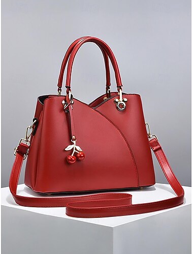  Håndveske i kunstskinn med kirsebærfarget sjarm til dame, topphåndtak og skulderstropp, elegant flerfarget tote-veske for damer, perfekt til julebord, høytidsgaver og hverdagsantrekk.