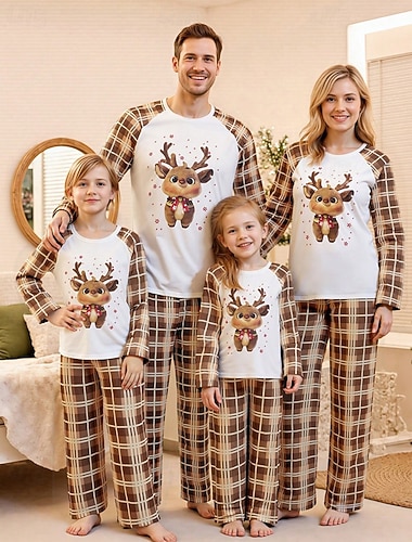  Familiestil Jul Julefamiliepyjamas Pyjamas Familiesett Grafisk Ruter Rådyr Hjem Trykt mønster Brun Langermet Daglig Matchende antrekk