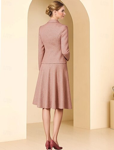  Due Pezzi Linea ad A Lunghezza Tè Manica Lunga Scollo a V Elegante Festa Poliestere Abito da cerimonia per signora con Bottoni