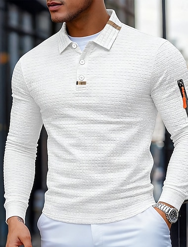  Homme Chemises Polo Gaufre Chemise de golf Rue Occasionnel Revers manche longue Basique Moderne Uni Texturé Patchwork Boutons Printemps Automne Toutes saisons Coupe régulière Noir Blanche Vert