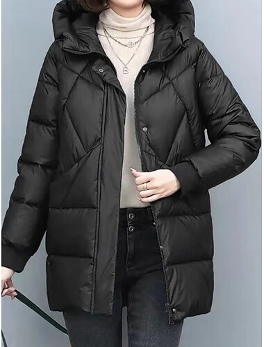  Mujer Chaqueta acolchada Cómodo Transpirable Bolsillo Botones Casual Plano Vacaciones Calle Casual Ropa Cotidiana Botonadura Simple Largo Con Capucha Ajuste regular Manga Larga Ropa de calle Negro