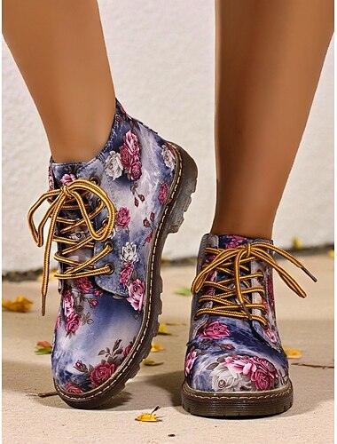 Botas femininas de cano curto com cadarço floral e sola antiderrapante, calçado casual estilo combate com estampa vintage para caminhadas confortáveis ao ar livre &uso diário   Botas femininas de cano curto com cadarço floral e sola antiderrapante, calçado casual estilo combate com estampa vintage para caminhadas confortáveis ao ar livre &uso diário