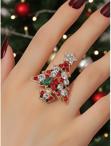  anel de árvore de natal feminino – materiais de liga e zircônia, design festivo com pedras vermelhas, verdes e transparentes, perfeito para festas de natal e presentes