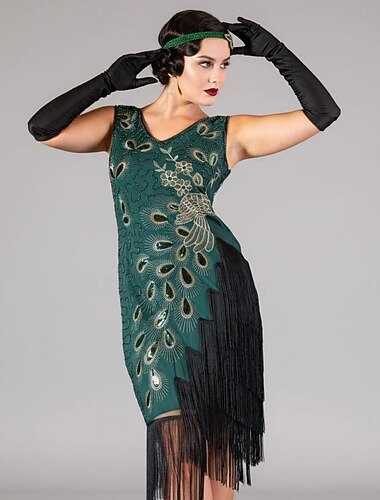  Glada 20-talet 1920-talet Knälång Flapper-klänning Ärmlös Den store Gatsby Paljetter Frans V-hals Maskeradkläder Dam Jul Karnival lönnkrog Maskerad Retro-temafest Vuxna Klänning