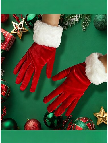  Guantes navideños de terciopelo para mujer con puños de piel sintética, guantes rojos para celebraciones festivas, perfectos para fiestas de invierno y eventos navideños.