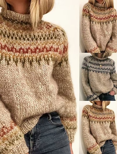  Dámské Vánoční svetr Fair Isle svetr Svetr Rolák Vinobraní Módní Šik ven Geometrický Rolák Pletený Tisk Dlouhý rukáv Běžné topy Plést Denní Dovolená Jdeme ven Vodní modrá Oranžová Podzim Zima