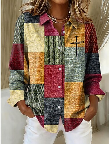  Per donna Camicia Grafico Geometrico Blocco di colori Elegante Moderno Casual Manica Lunga Colletto a Camicia Top Regolari Lavoro Abbigliamento da sera Quotidiano Bottoni Stampato Rosa Viola