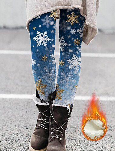  leggings femininas confortáveis, moda urbana, básicas, comprimento total, calças de cintura alta, estampa de floco de neve, natal, lã térmica, quente, confortável, elástica, para uso ao ar livre, casual, uso diário, azul, outono inverno