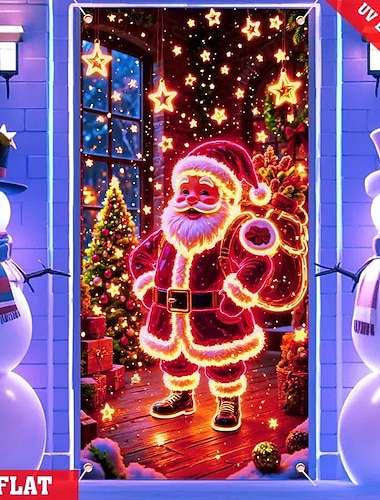  クリスマスのブラックライトドアカバー、光るサンタクロースとクリスマスツリーのデザイン、冬のホリデードレープ、お祝いの壁掛け背景カーテン、自宅のリビングルームの寝室の装飾用