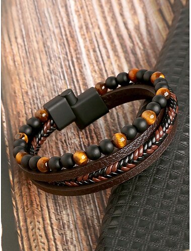  Perlenarmband-Set aus Kunstlederlegierung für Herren, mehrlagiges geflochtenes Armband mit Magnetverschluss, modischer Punkschmuck für Freizeit, Party und Geschenk