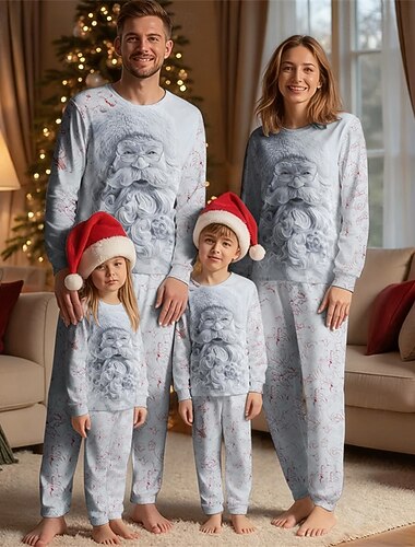  Familiestil Jul Julefamiliepyjamas Pyjamas Familiesett Grafisk julenissen Hjem Trykt mønster lysegrå Langermet Daglig Matchende antrekk
