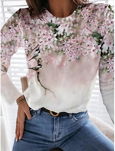  בגדי ריקוד נשים חולצה קצרה פרחוני גראפי צמחים וינטאג' אופנתי מסוגנן שרוול ארוך צווארון עגול קצר צווארון עגול חולצות רגילות יומי סוף שבוע דפוס פול ורוד מסמיק סגול תלתן קיץ אביב סתיו