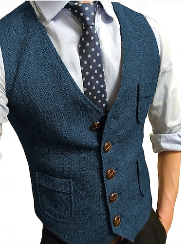  Муж. Твидовый жилет Жилет Официальные Свадьба Отпуск Повседневные Мода Классика Весна Осень Карман Пуговицы Удобный В елочку Однобортный крой V-образный вырез Узкий крой