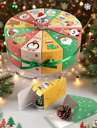  12 stk. sammenleggbare gaveesker til jul, fargerike papirgodteriesker til hjemmebruk, kreative bryllupsgaveesker til nyttårsfest, sett med vifteformede kakeesker, søte tegneseriegaveesker