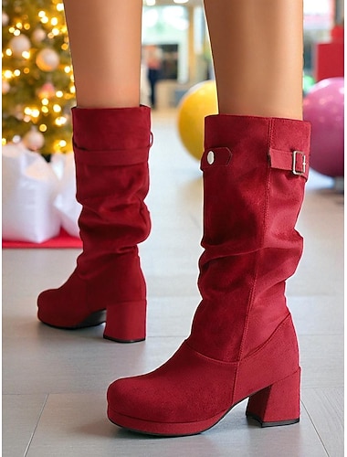  Rode suède slouch boots voor dames met gespdetail, stevige blokhak, stijlvol en comfortabel, perfect voor de winter, kerst en casual gelegenheden